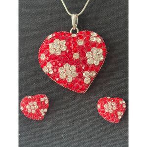 Signed Kirk's Folly Crystal puffy heart pendant and earrings, Red/Clear